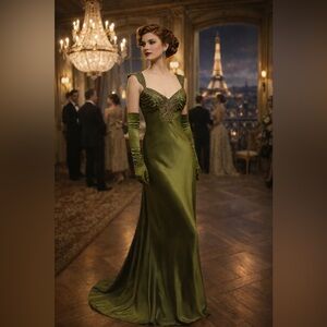 Niki by Niki Livas Vintage 90’s Olive Green Sequins Satin Maxi Dress Size 10